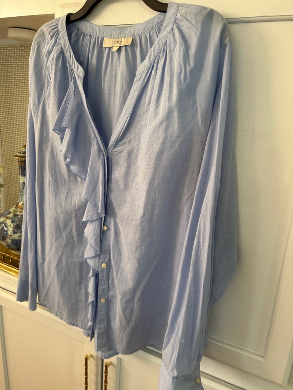 LOFT Sky Blue Ruffle-Front Long Sleeve Blouse